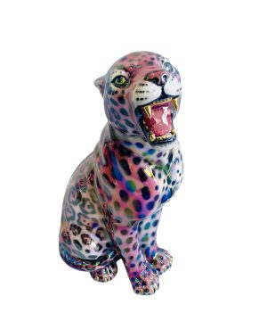 VIVIANA 62CM DOUBLE LUSTRE GOLD TEETH AND NAILS CERAMIC LEOPARD SCULPTURE