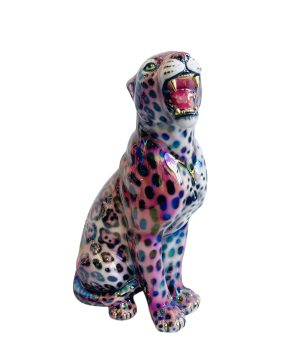 VIVIANA 62CM DOUBLE LUSTRE GOLD TEETH AND NAILS CERAMIC LEOPARD SCULPTURE